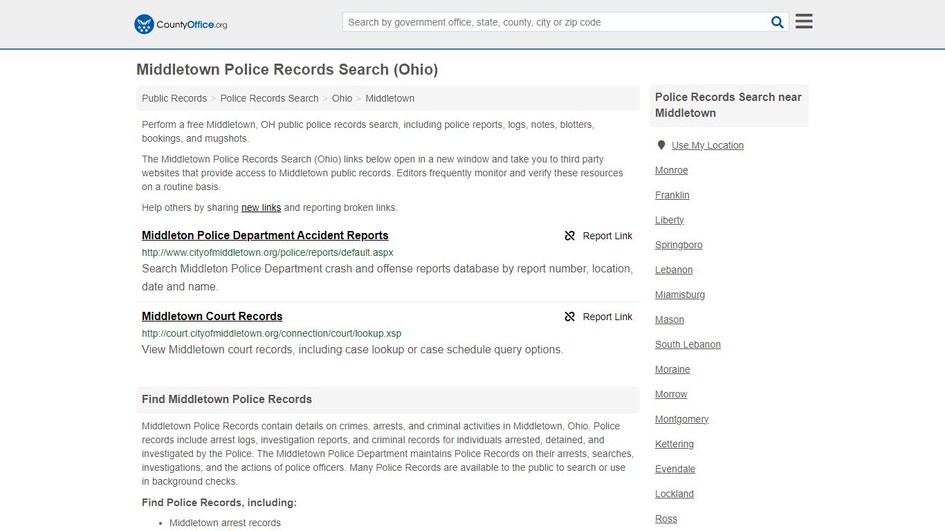 Middletown Police Records Search (Ohio) - County Office